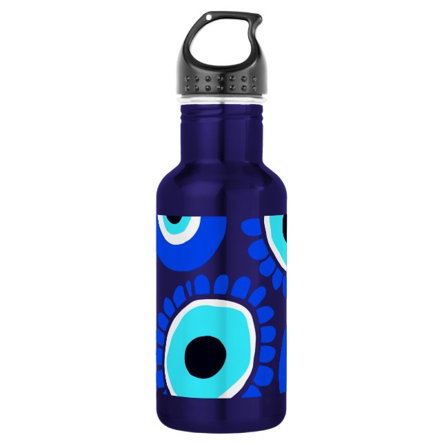 Blue and White Evil Eyes Pattern Stainless Steel Water Bottle (Front)