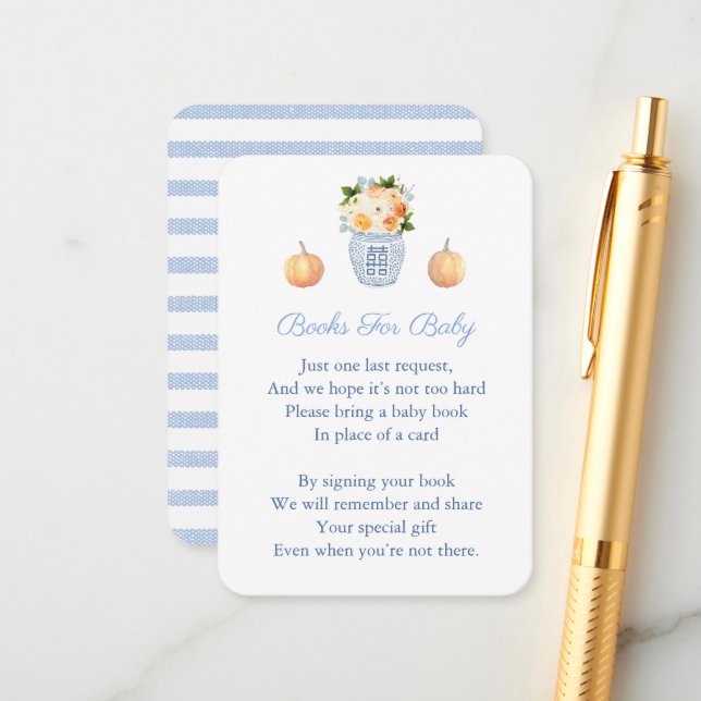 Blue and White Fall Bring A Book Baby Shower Enclosure Card (Front/Back In Situ)