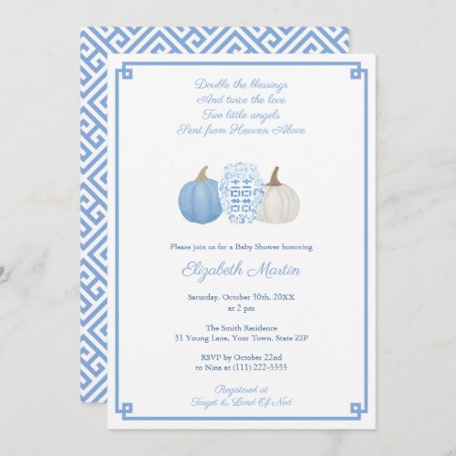 Blue And White Fall Twins Little Boys Baby Shower  Invitation