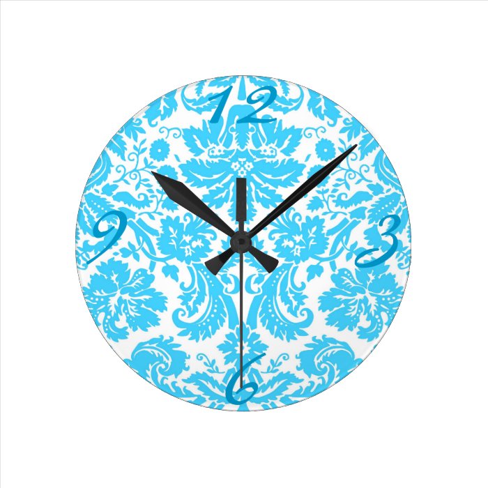 Blue and White Fancy Damask Patterned Round Wall Clocks