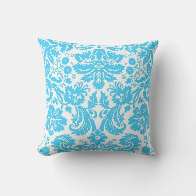 Blue and White Fancy Damask Patterned Throw Pillow (Front)