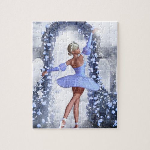 Blue and white fantasy ballerina with rose flowers jigsaw puzzle