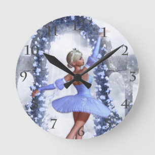 Blue and white fantasy ballerina with rose flowers round clock
