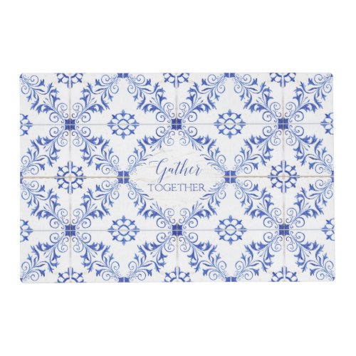 Blue and White Farmhouse Floral Swirl Pattern Wood Placemat