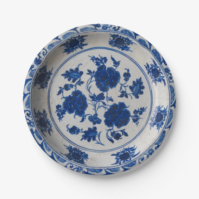 Blue and white faux porcelain Chinese chinoiserie Paper Plates (Front)