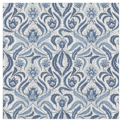 Blue and White Feathered Leaves Damask Floral Fabric