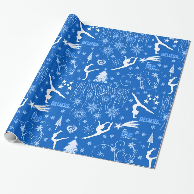 Blue and White Festive Gymnastics Christmas Wrapping Paper (Unrolled)