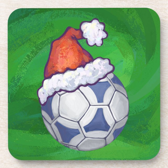 Blue and White Festive Soccer Ball on Green Beverage Coaster (Front)