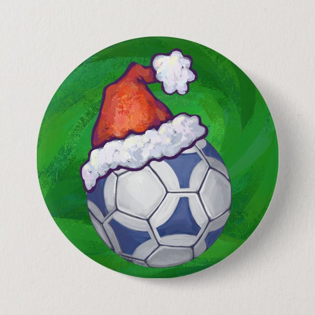 Blue and White Festive Soccer Ball on Green Button (Front)