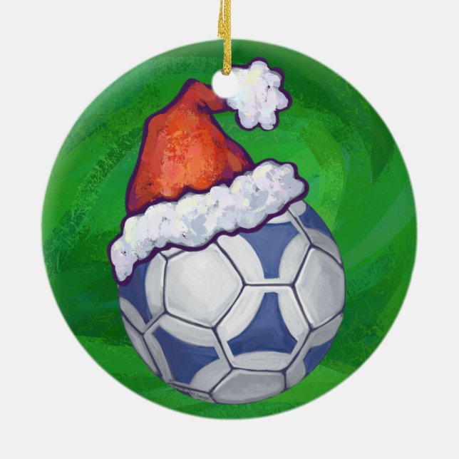 Blue and White Festive Soccer Ball on Green Ceramic Ornament (Back)