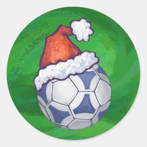 Blue and White Festive Soccer Ball on Green Classic Round Sticker
