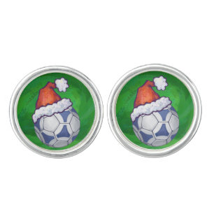 Blue and White Festive Soccer Ball on Green Cufflinks