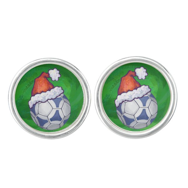 Blue and White Festive Soccer Ball on Green Cufflinks (Front)