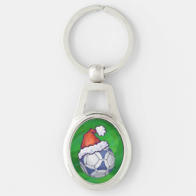 Blue and White Festive Soccer Ball on Green Keychain (Front)