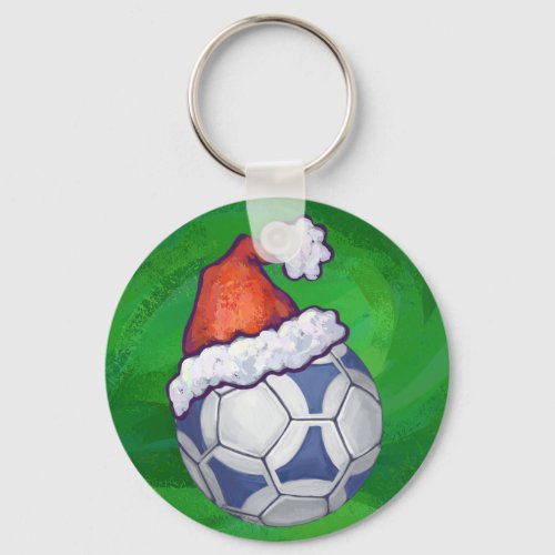 Blue and White Festive Soccer Ball on Green Keychain