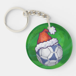 Blue and White Festive Soccer Ball on Green Keychain