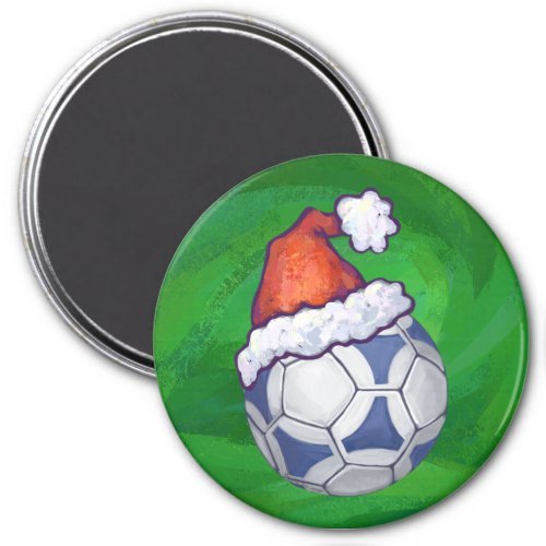 Blue and White Festive Soccer Ball on Green Magnet