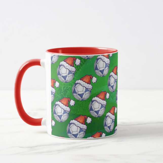 Blue and White Festive Soccer Ball on Green Mug (Left)