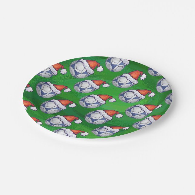 Blue and White Festive Soccer Ball on Green Paper Plates (Angled)