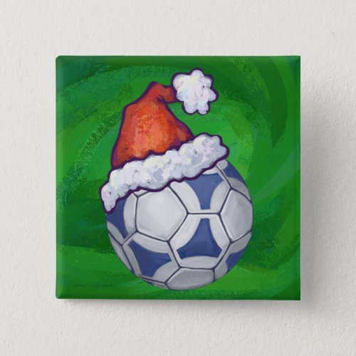 Blue and White Festive Soccer Ball on Green Pinback Button