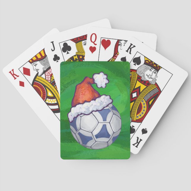 Blue and White Festive Soccer Ball on Green Poker Cards (Back)