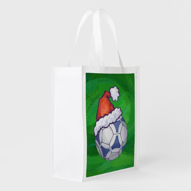 Blue and White Festive Soccer Ball on Green Reusable Grocery Bag (Back Side)