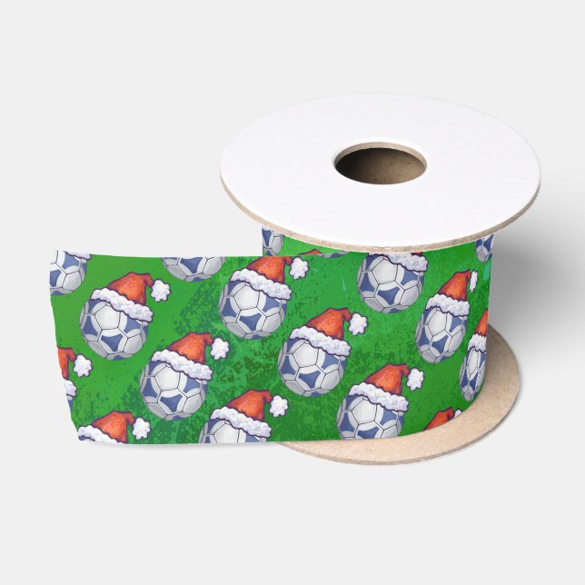 Blue and White Festive Soccer Ball on Green Satin Ribbon (Spool)