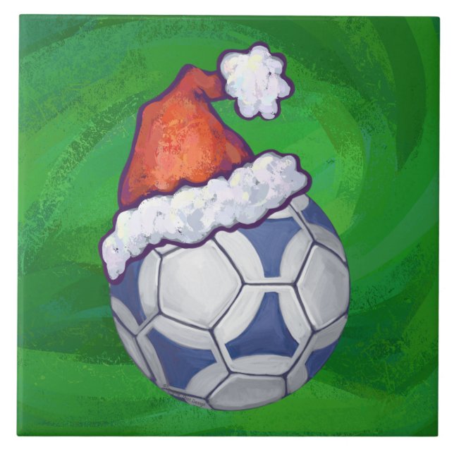Blue and White Festive Soccer Ball on Green Tile (Front)
