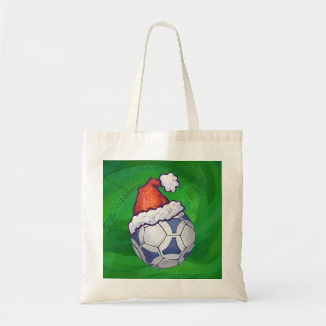 Blue and White Festive Soccer Ball on Green Tote Bag (Front)