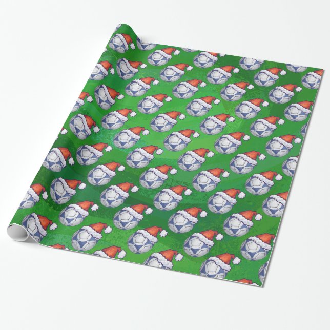Blue and White Festive Soccer Ball on Green Wrapping Paper (Unrolled)