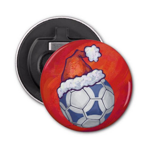 Blue and White Festive Soccer Ball on Red Bottle Opener