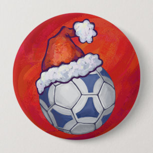Blue and White Festive Soccer Ball on Red Button