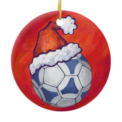 Blue and White Festive Soccer Ball on Red Ceramic Ornament