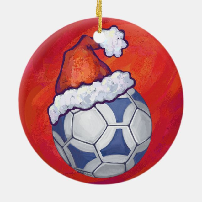 Blue and White Festive Soccer Ball on Red Ceramic Ornament (Back)