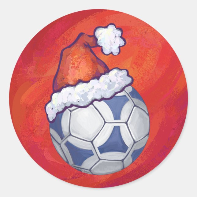 Blue and White Festive Soccer Ball on Red Classic Round Sticker (Front)