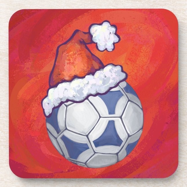 Blue and White Festive Soccer Ball on Red Coaster (Front)