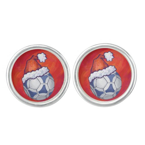 Blue and White Festive Soccer Ball on Red Cufflinks