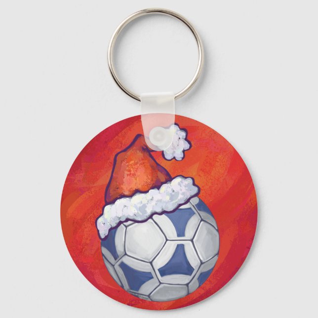 Blue and White Festive Soccer Ball on Red Keychain (Front)