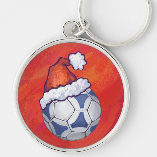 Blue and White Festive Soccer Ball on Red Keychain (Front)
