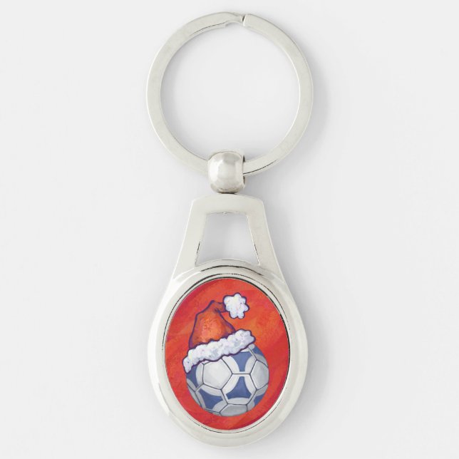 Blue and White Festive Soccer Ball on Red Keychain (Front)