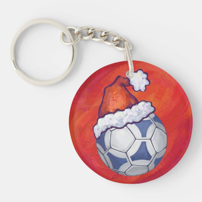 Blue and White Festive Soccer Ball on Red Keychain (Front)