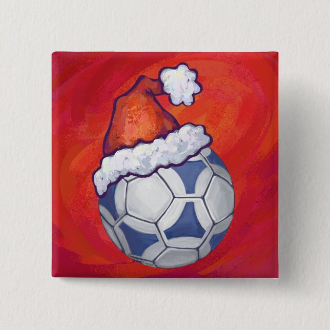 Blue and White Festive Soccer Ball on Red Pinback Button (Front)