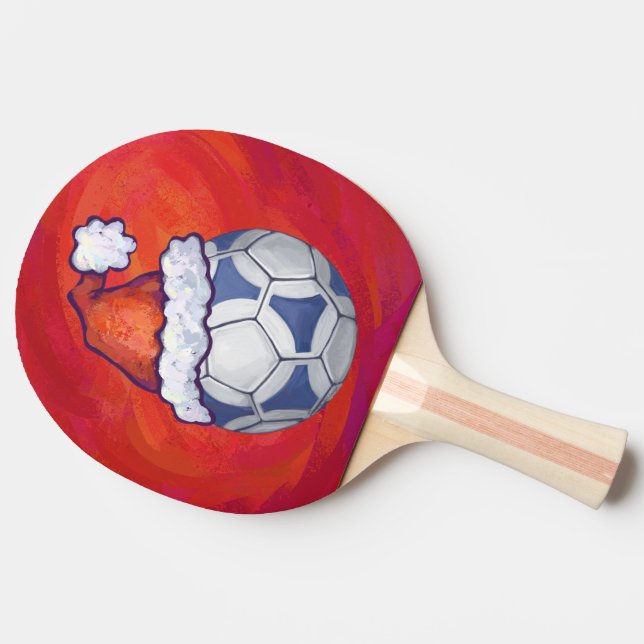 Blue and White Festive Soccer Ball on Red Ping-Pong Paddle (Side)