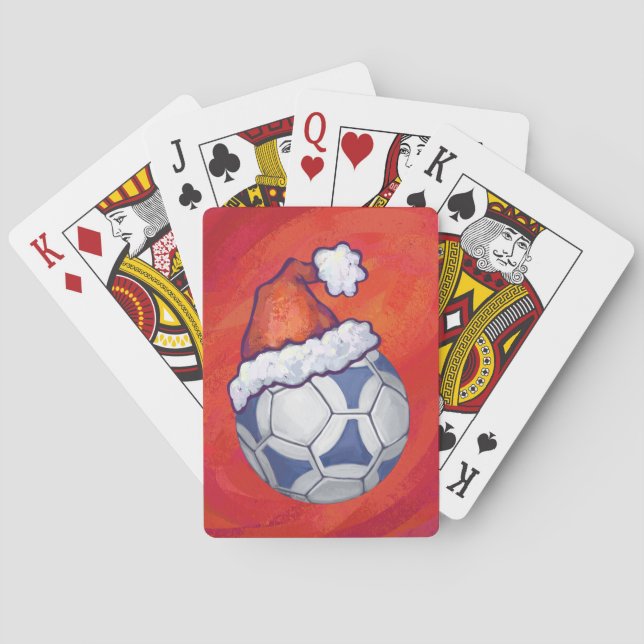 Blue and White Festive Soccer Ball on Red Poker Cards (Back)