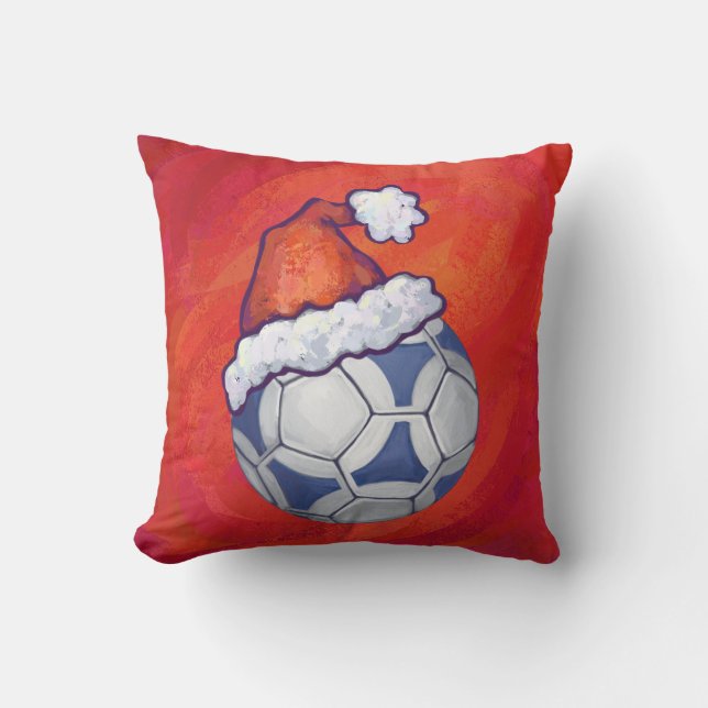 Blue and White Festive Soccer Ball on Red Throw Pillow (Front)