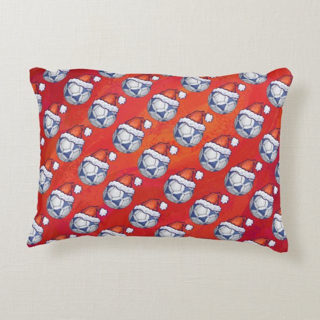 Blue and White Festive Soccer Ball Pattern on Red Accent Pillow (Back)