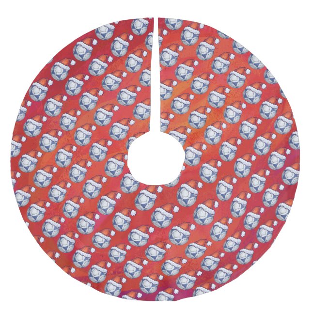 Blue and White Festive Soccer Ball Pattern on Red Brushed Polyester Tree Skirt (Front)