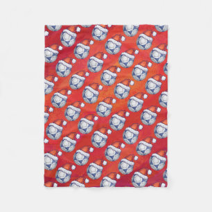 Blue and White Festive Soccer Ball Pattern on Red Fleece Blanket