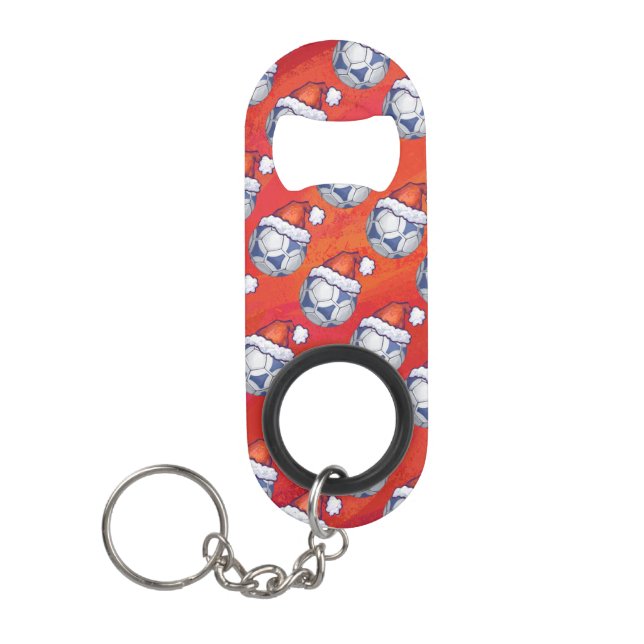 Blue and White Festive Soccer Ball Pattern on Red Keychain Bottle Opener (Front)
