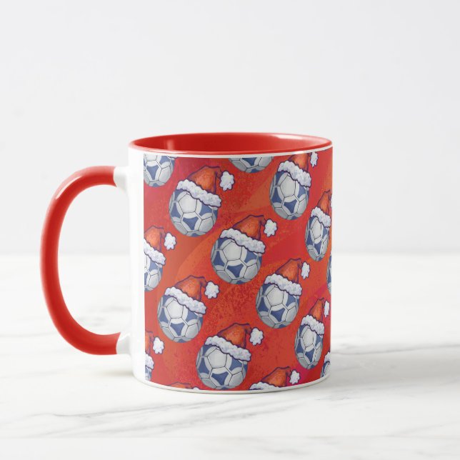 Blue and White Festive Soccer Ball Pattern on Red Mug (Left)
